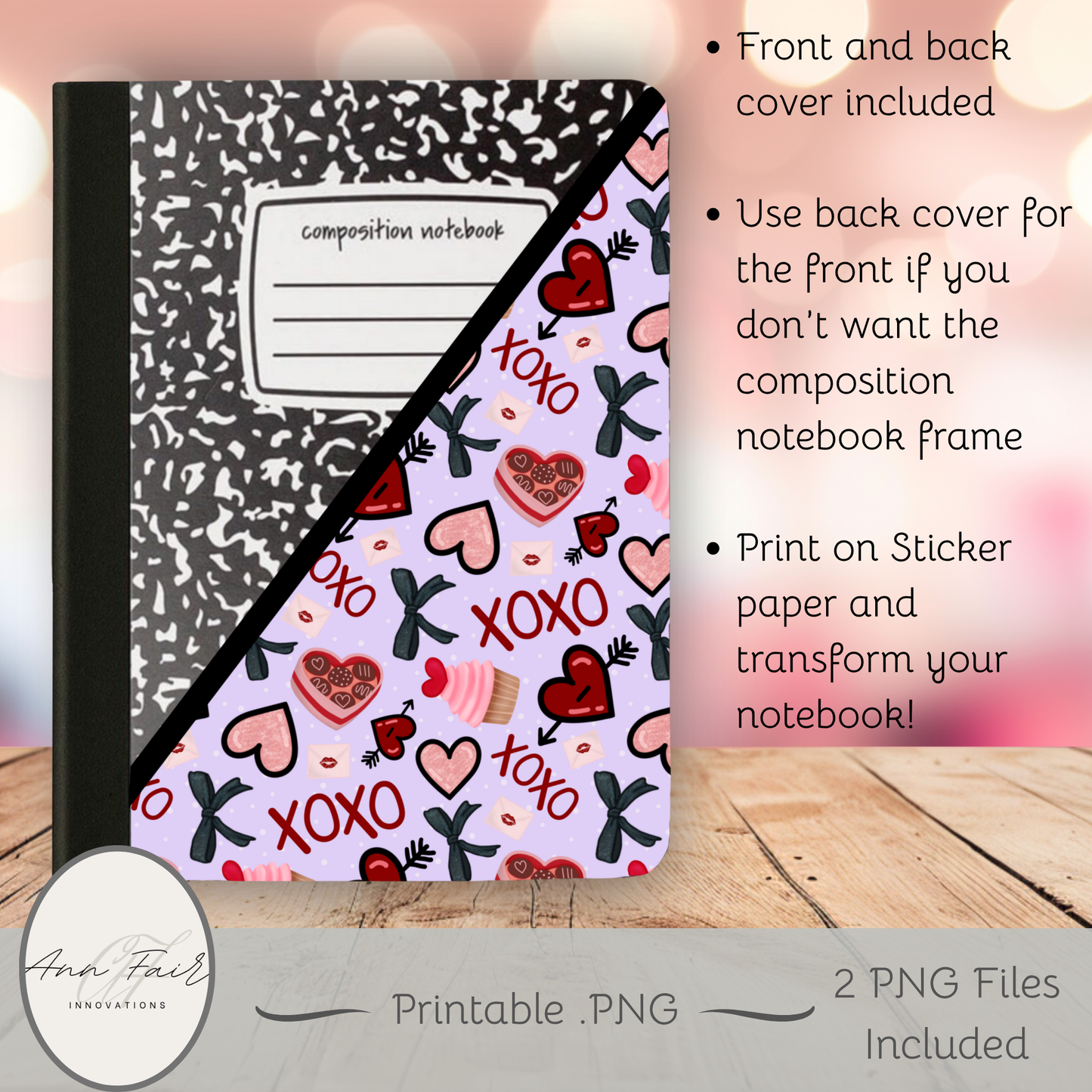 Valentine XOXO Composition Notebook Cover | Digital Download PNG | Back to School, Journaling, DIY Custom Notebook, Sticker Paper Cover