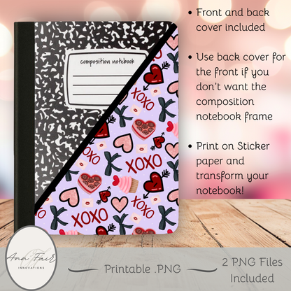 Valentine XOXO Composition Notebook Cover | Digital Download PNG | Back to School, Journaling, DIY Custom Notebook, Sticker Paper Cover