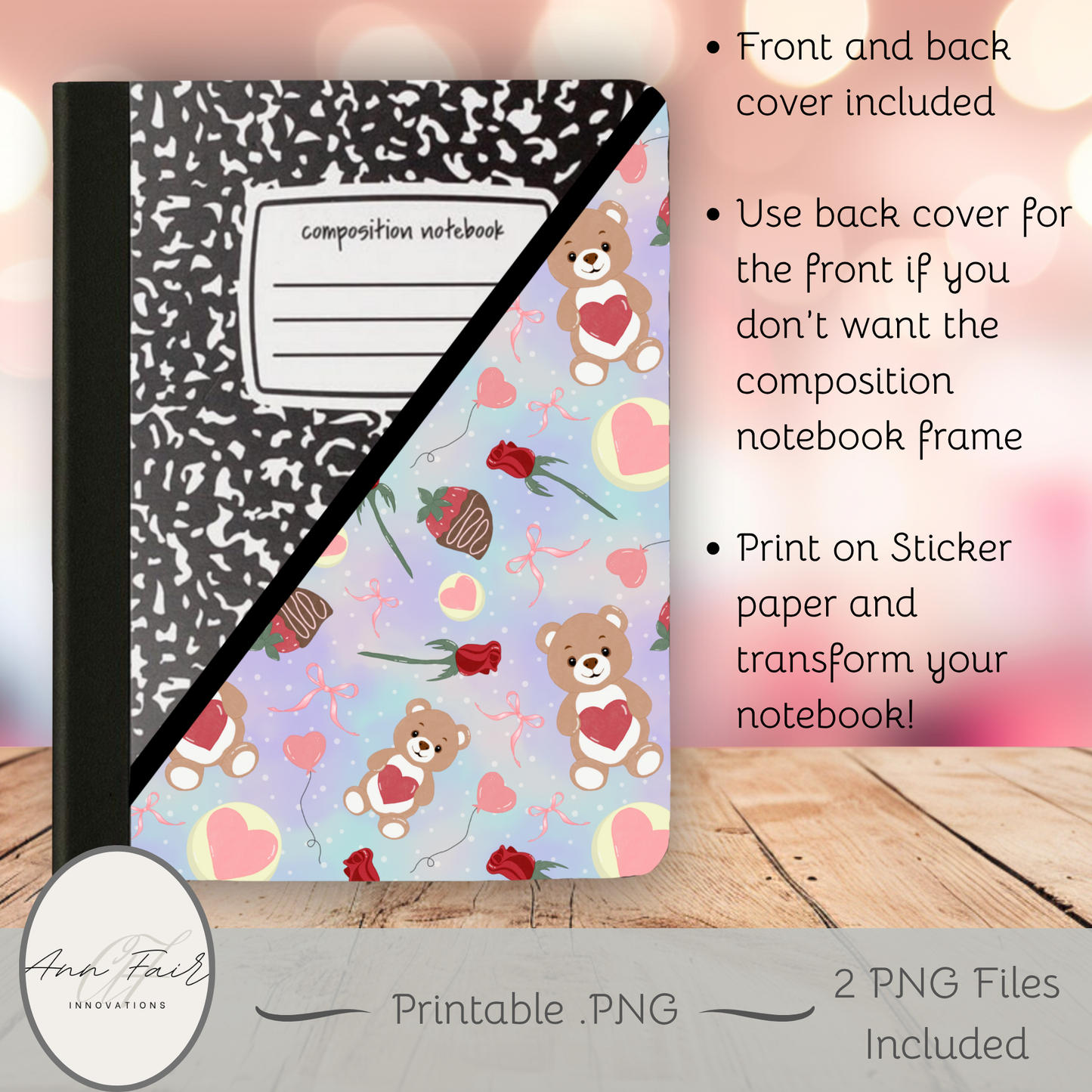 Teddy Bear Valentine Composition Notebook Cover | Digital Download PNG | Back to School, Journaling, DIY Custom Notebook, Sticker Paper Cover