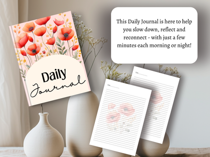 Daily Journal | Self-Reflection & Mindfulness | Digital Download | Red Poppies