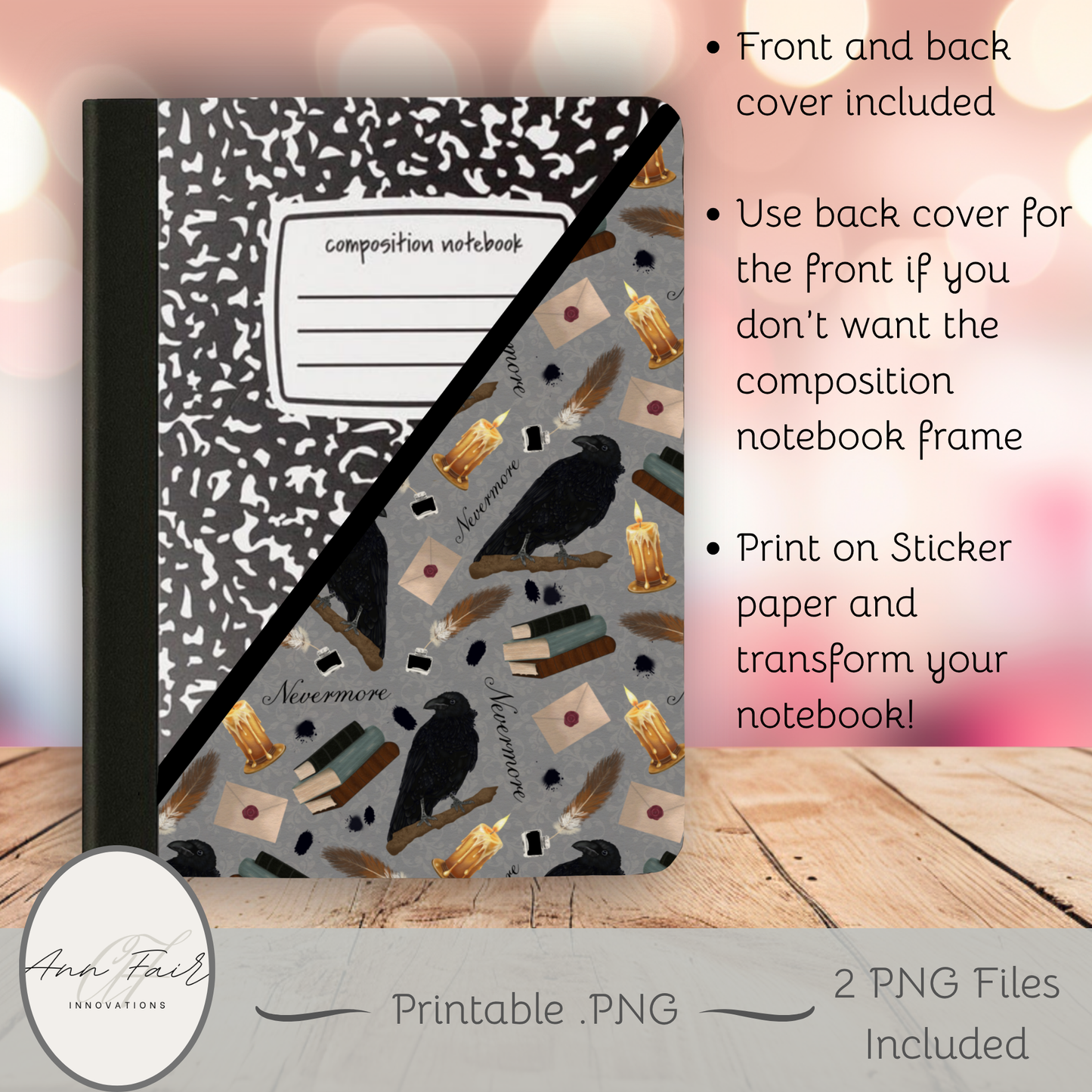 Nevermore in Grey Composition Notebook Cover | Digital Download PNG | Back to School, Journaling, DIY Custom Notebook, Sticker Paper Cover