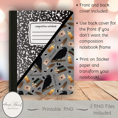 Nevermore in Grey Composition Notebook Cover | Digital Download PNG | Back to School, Journaling, DIY Custom Notebook, Sticker Paper Cover