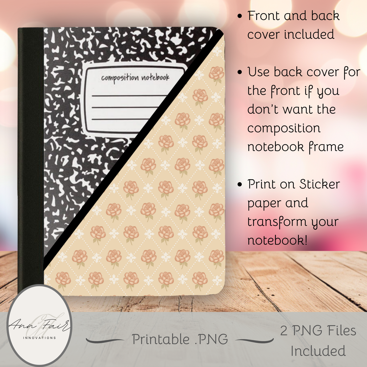 Vintage Rose Diamond Composition Notebook Cover | Digital Download PNG | Back to School, Journaling, DIY Custom Notebook, Sticker Paper Cover