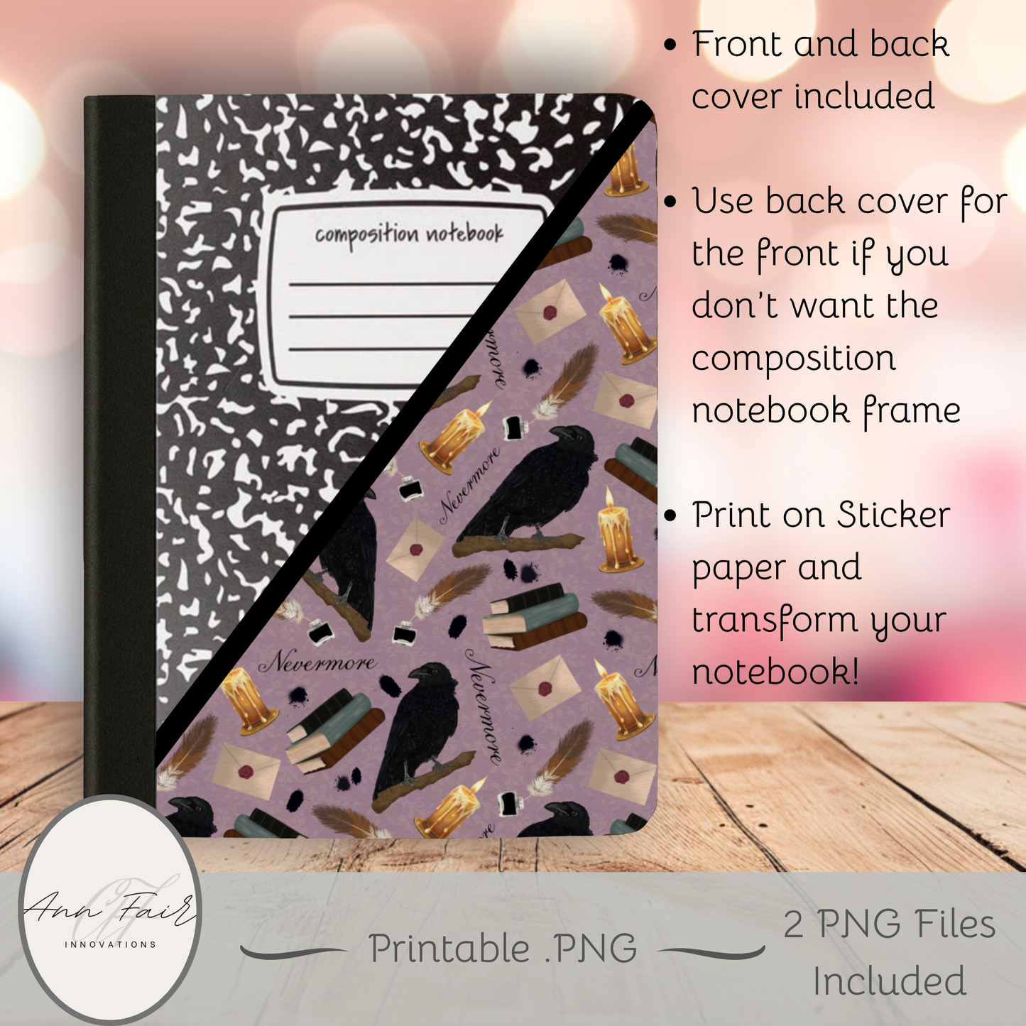 Nevermore in Pink Composition Notebook Cover | Digital Download PNG | Back to School, Journaling, DIY Custom Notebook, Sticker Paper Cover