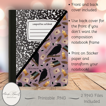 Nevermore in Pink Composition Notebook Cover | Digital Download PNG | Back to School, Journaling, DIY Custom Notebook, Sticker Paper Cover