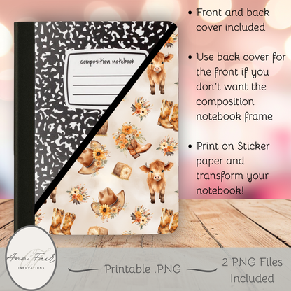 Cute Highland Cow Floral Composition Notebook Cover | Digital Download PNG | Back to School, Journaling, DIY Custom Notebook, Sticker Paper Cover