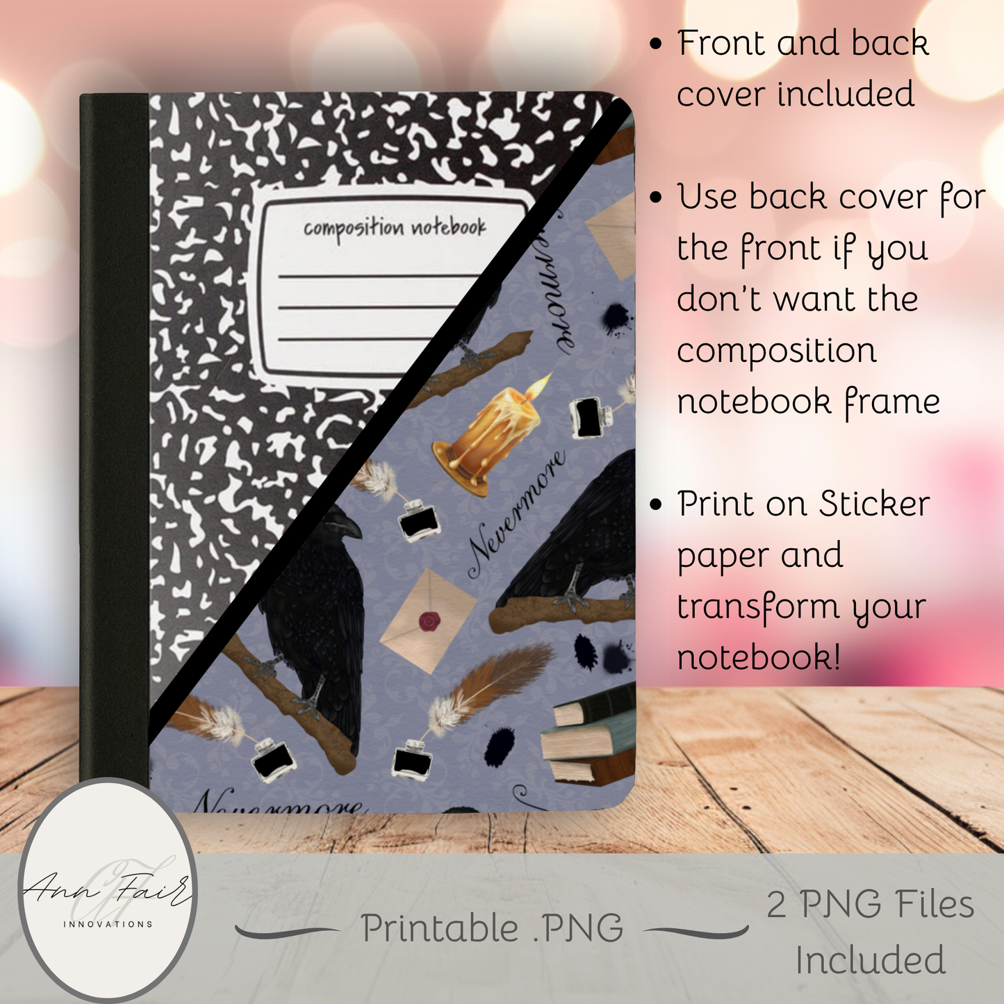 Nevermore in Periwinkle Composition Notebook Cover | Digital Download PNG | Back to School, Journaling, DIY Custom Notebook, Sticker Paper Cover