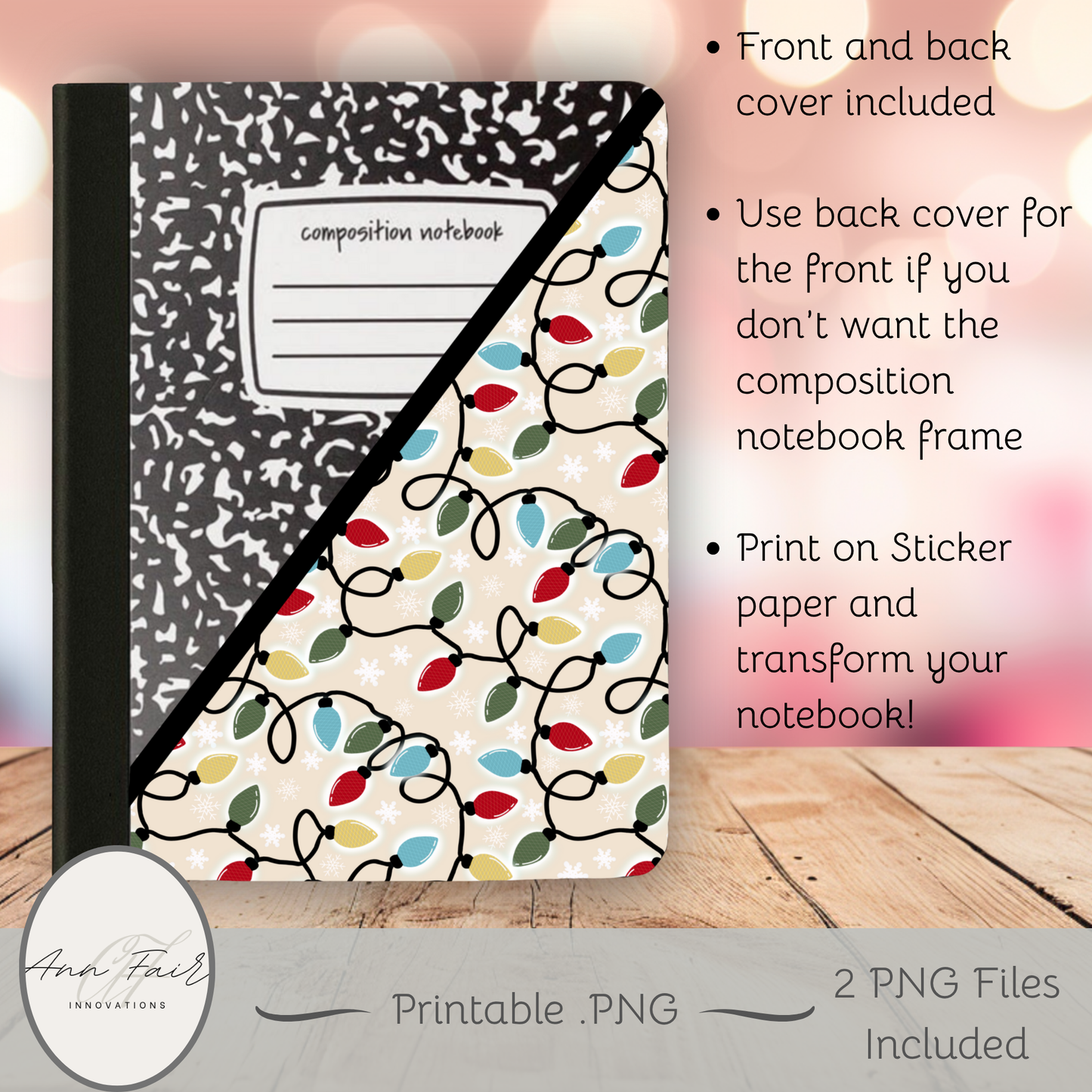 Vintage Christmas Lights Composition Notebook Cover | Digital Download PNG | Back to School, Journaling, DIY Custom Notebook, Sticker Paper Cover