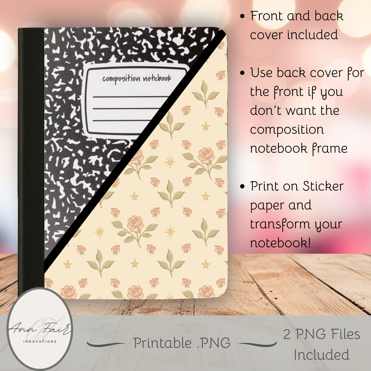 Vintage Roses and Stars Composition Notebook Cover | Digital Download PNG | Back to School, Journaling, DIY Custom Notebook, Sticker Paper Cover
