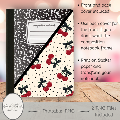 Polka Dots and Cherries Composition Notebook Cover | Digital Download PNG | Back to School, Journaling, DIY Custom Notebook, Sticker Paper Cover