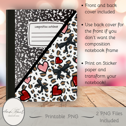 Leopards and Hearts Composition Notebook Cover | Digital Download PNG | Back to School, Journaling, DIY Custom Notebook, Sticker Paper Cover