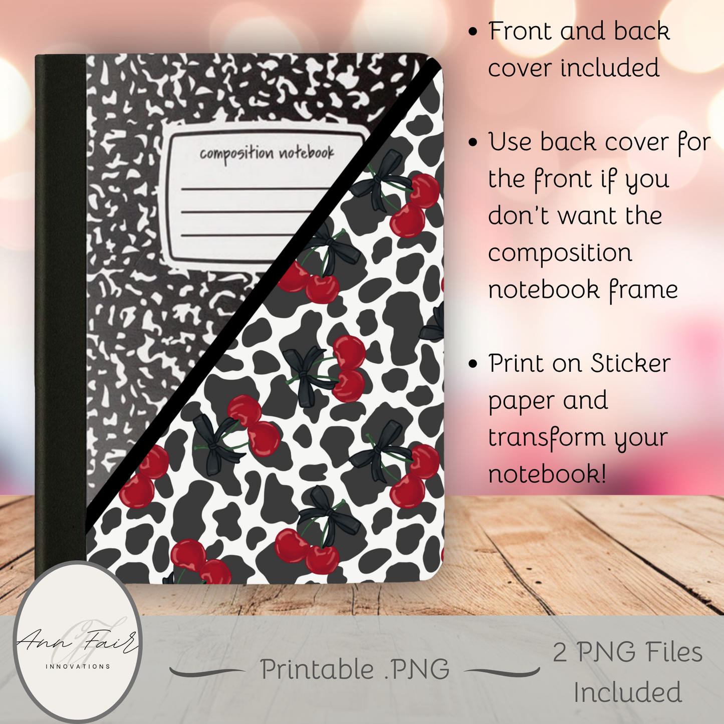 Cow Print and Cherries Composition Notebook Cover | Digital Download PNG | Back to School, Journaling, DIY Custom Notebook, Sticker Paper Cover