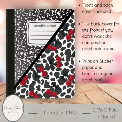 Cow Print and Cherries Composition Notebook Cover | Digital Download PNG | Back to School, Journaling, DIY Custom Notebook, Sticker Paper Cover