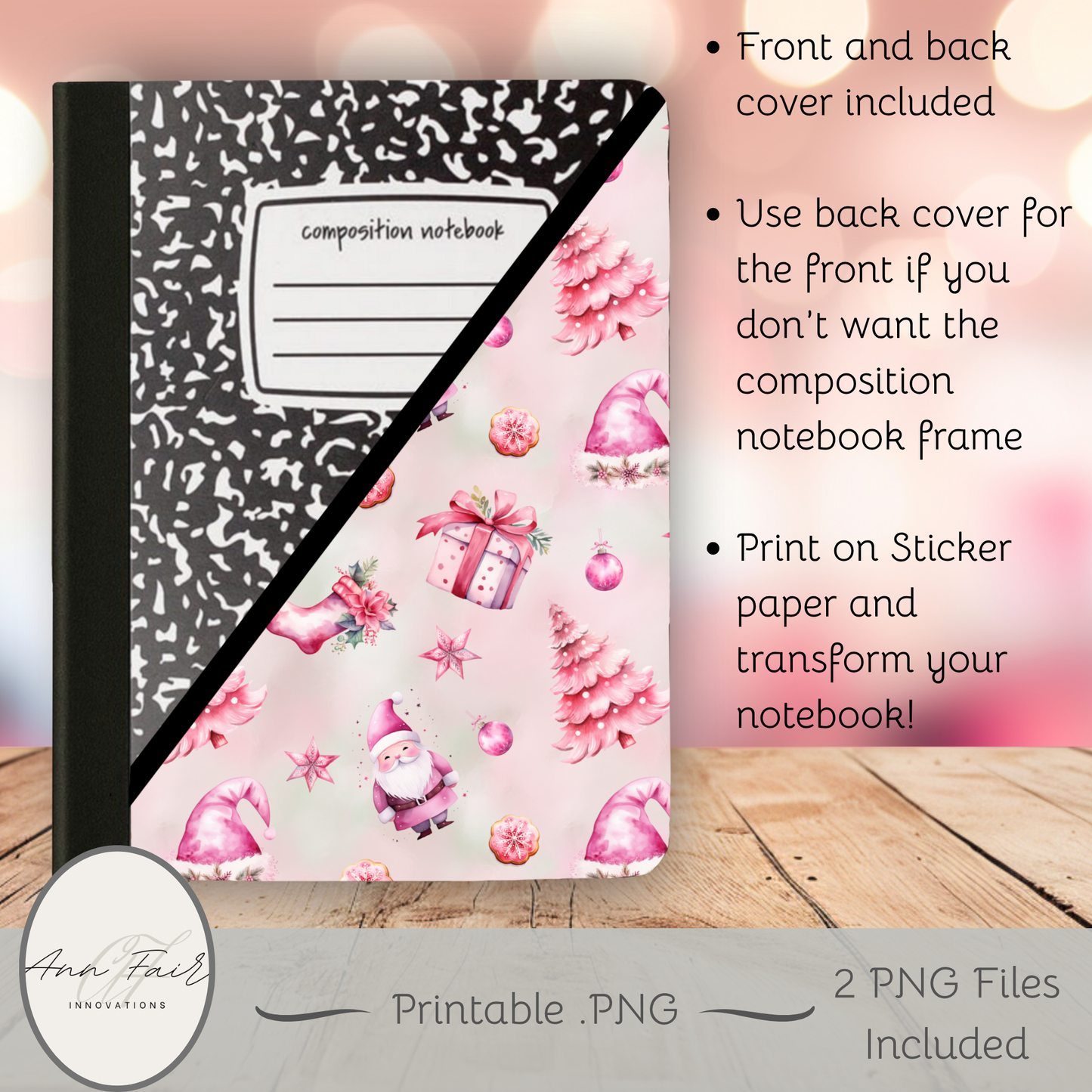 Pink Christmas Composition Notebook Cover | Digital Download PNG | Back to School, Journaling, DIY Custom Notebook, Sticker Paper Cover