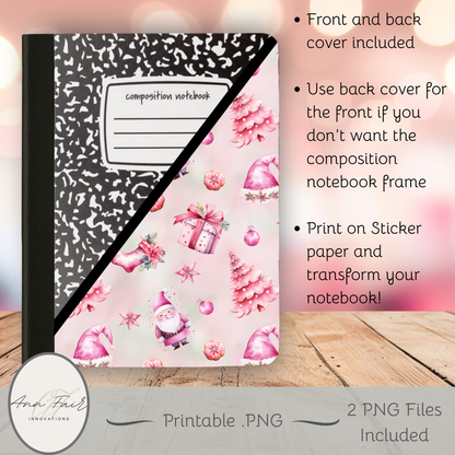 Pink Christmas Composition Notebook Cover | Digital Download PNG | Back to School, Journaling, DIY Custom Notebook, Sticker Paper Cover