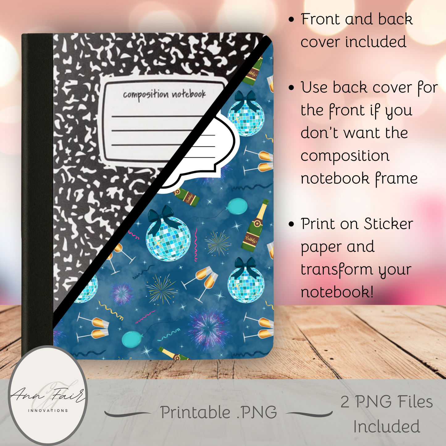 New Year's Eve Party Composition Notebook Cover | Digital Download PNG | Journaling, DIY Custom Notebook, Sticker Paper Cover