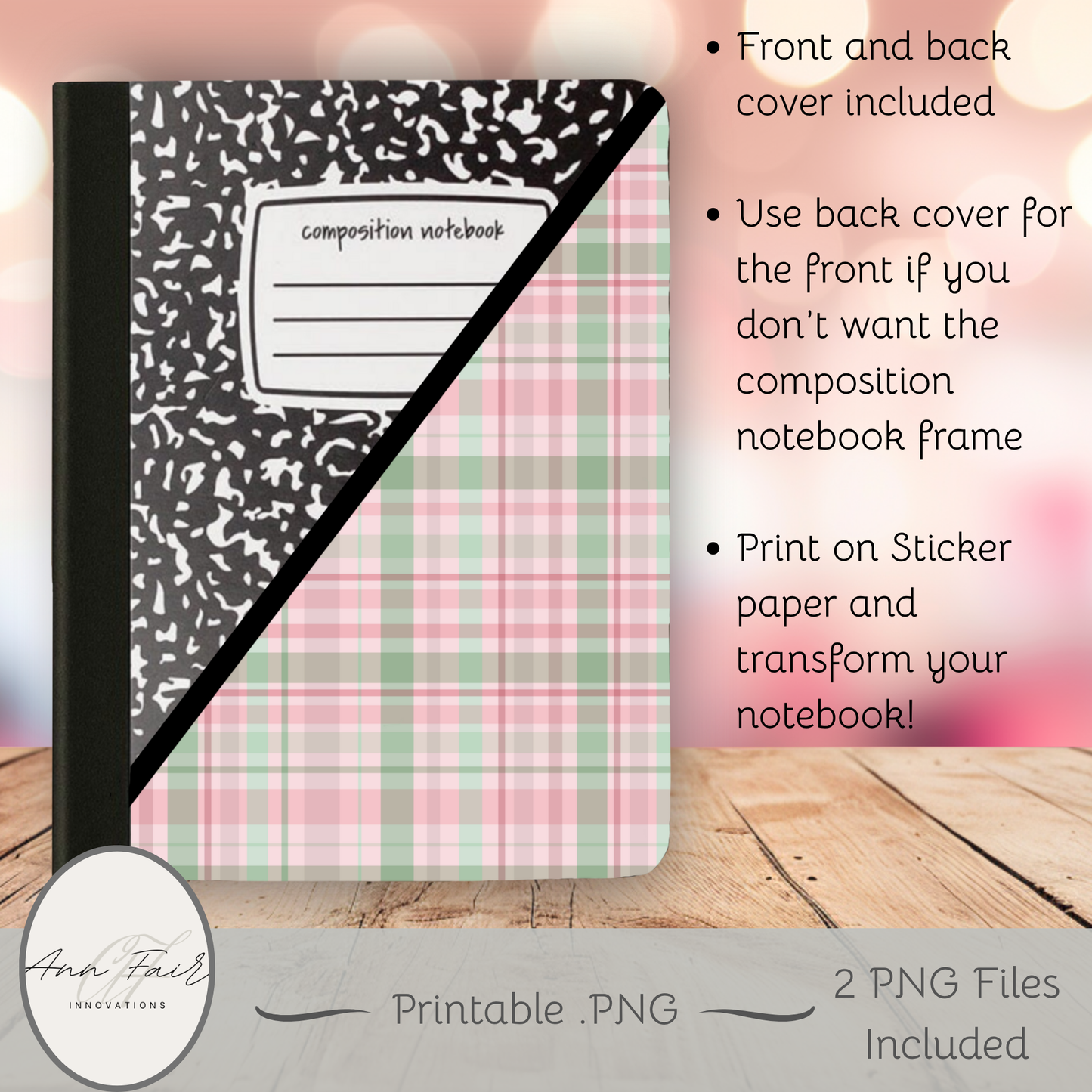 Coquette Plaid Composition Notebook Cover | Digital Download PNG | Back to School, Journaling, DIY Custom Notebook, Sticker Paper Cover