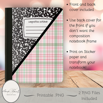 Coquette Plaid Composition Notebook Cover | Digital Download PNG | Back to School, Journaling, DIY Custom Notebook, Sticker Paper Cover