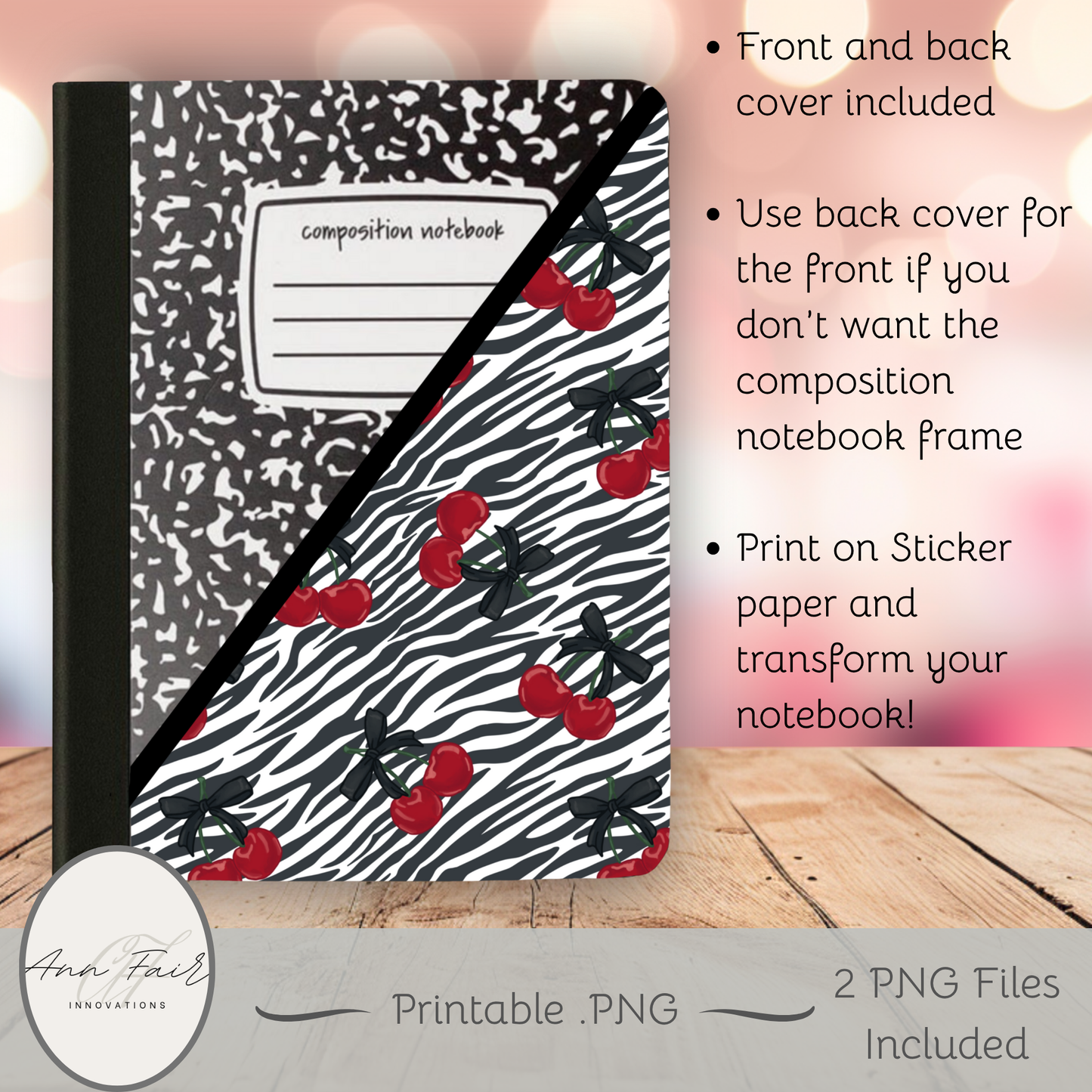 Zebra Print and Cherries Composition Notebook Cover | Digital Download PNG | Back to School, Journaling, DIY Custom Notebook, Sticker Paper Cover