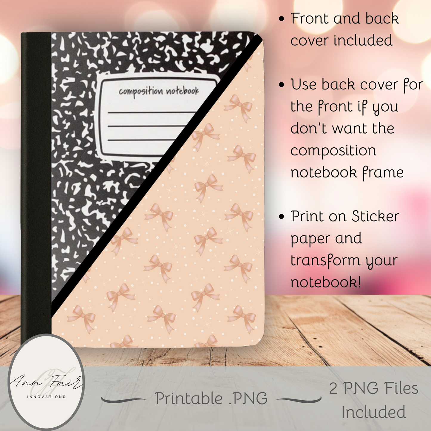 Pink Bows and polka dots Coquette Composition Notebook Cover | Digital Download PNG | Back to School, Journaling, DIY Custom Notebook, Sticker Paper Cover