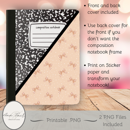 Pink Bows and polka dots Coquette Composition Notebook Cover | Digital Download PNG | Back to School, Journaling, DIY Custom Notebook, Sticker Paper Cover