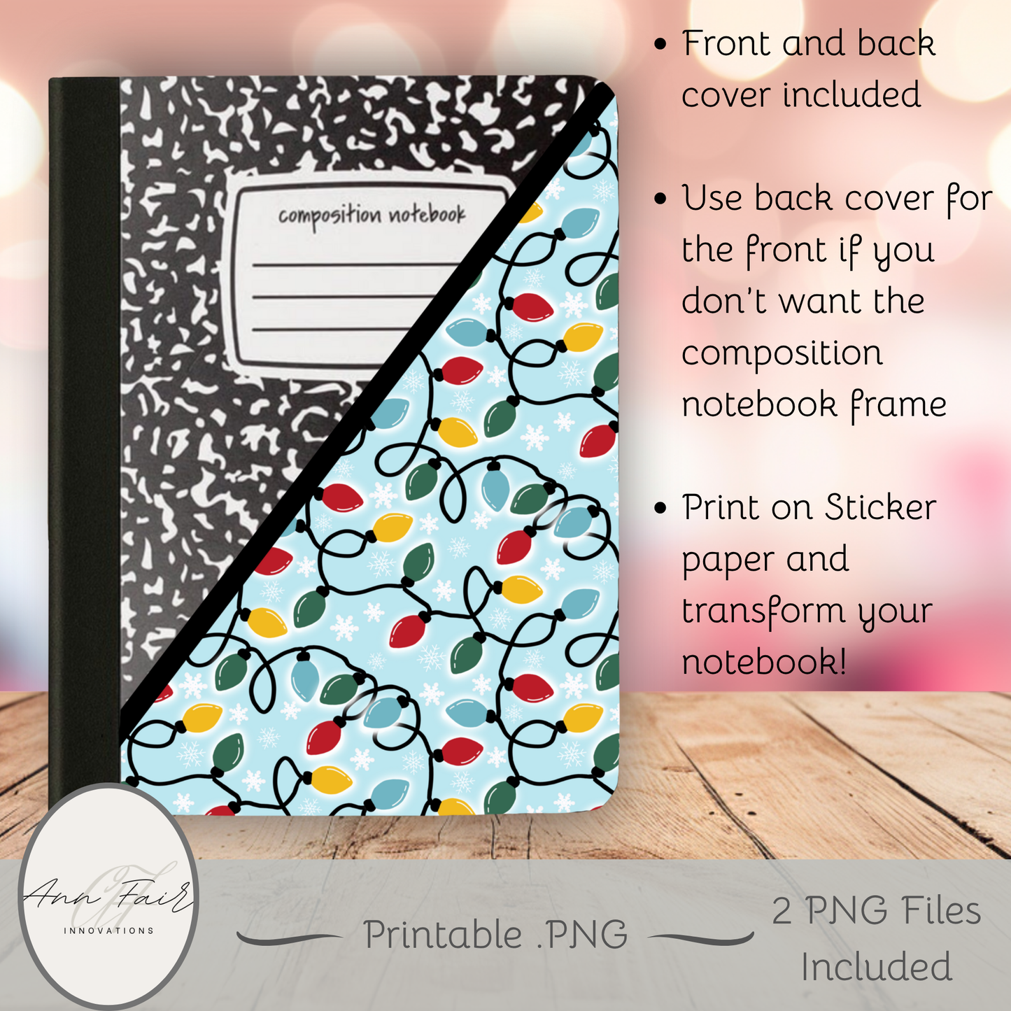 Retro Christmas Lights Composition Notebook Cover | Digital Download PNG | Back to School, Journaling, DIY Custom Notebook, Sticker Paper Cover