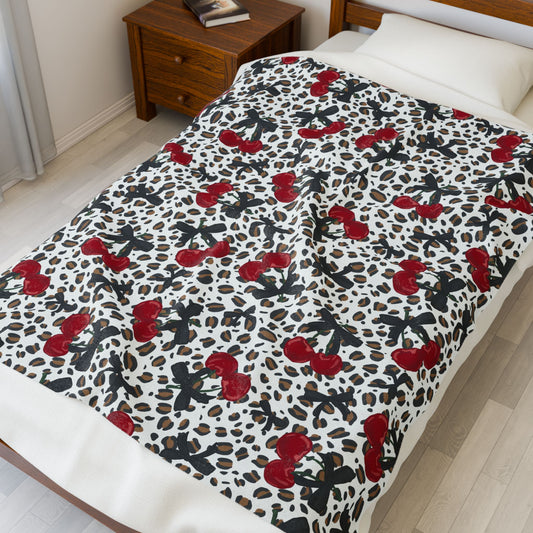 Velveteen Plush Blanket - Leopard Print Cherries Fun Cute Design