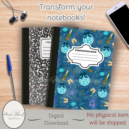 New Year's Eve Party Composition Notebook Cover | Digital Download PNG | Journaling, DIY Custom Notebook, Sticker Paper Cover