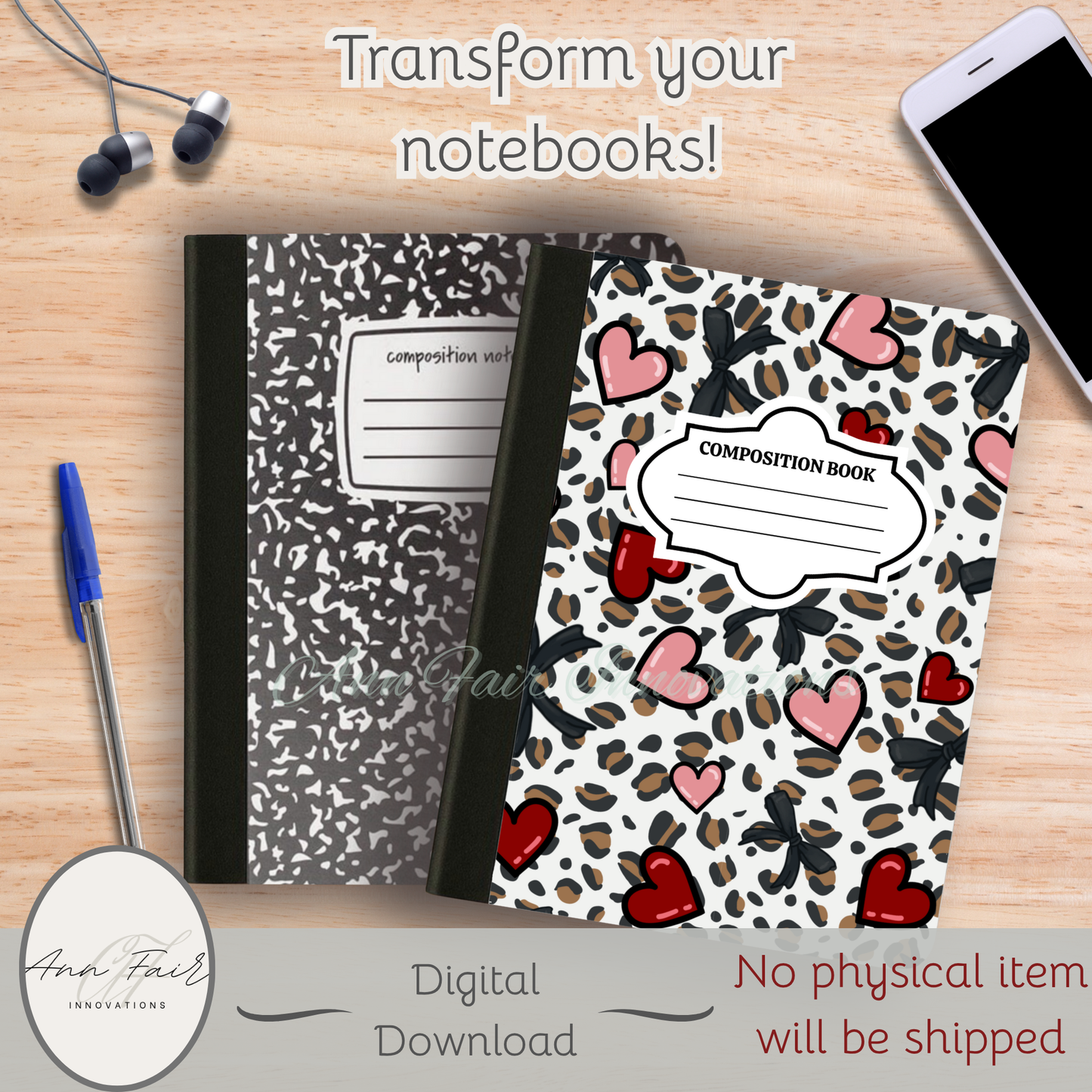 Leopards and Hearts Composition Notebook Cover | Digital Download PNG | Back to School, Journaling, DIY Custom Notebook, Sticker Paper Cover