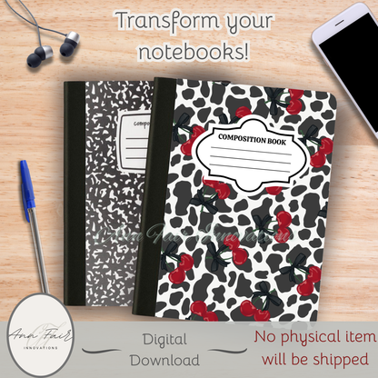 Cow Print and Cherries Composition Notebook Cover | Digital Download PNG | Back to School, Journaling, DIY Custom Notebook, Sticker Paper Cover