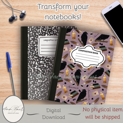 Nevermore in Pink Composition Notebook Cover | Digital Download PNG | Back to School, Journaling, DIY Custom Notebook, Sticker Paper Cover
