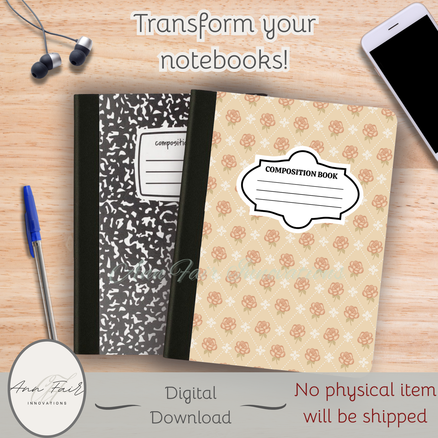 Vintage Rose Diamond Composition Notebook Cover | Digital Download PNG | Back to School, Journaling, DIY Custom Notebook, Sticker Paper Cover