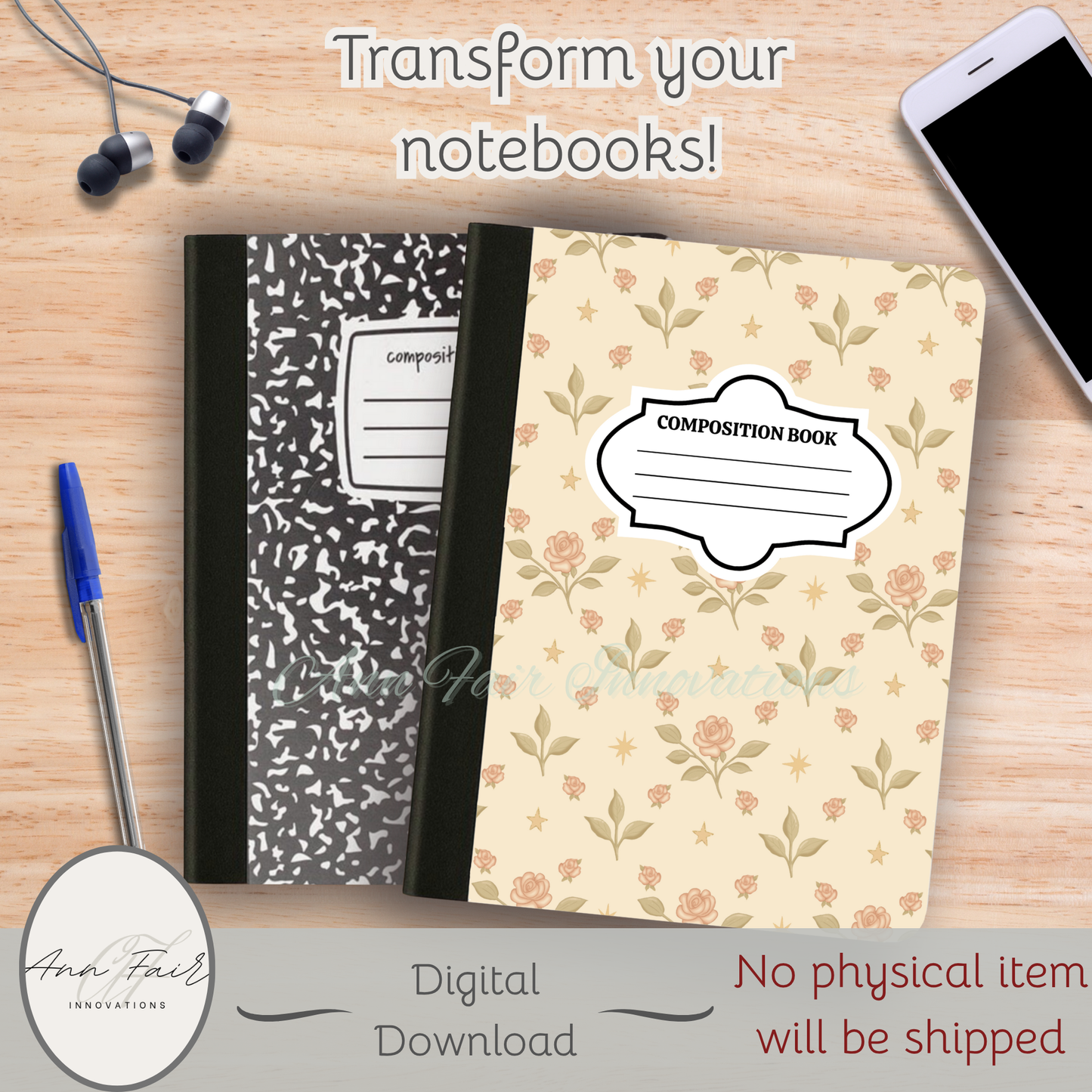 Vintage Roses and Stars Composition Notebook Cover | Digital Download PNG | Back to School, Journaling, DIY Custom Notebook, Sticker Paper Cover