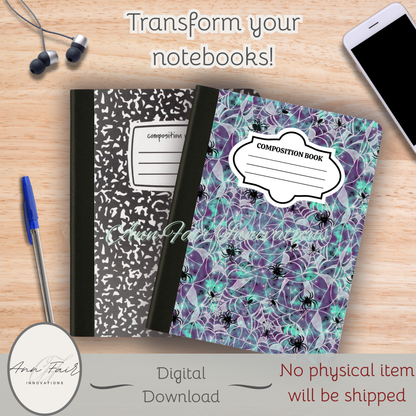 Spooky Spider Webs Printable Composition Notebook Cover | Digital Download PNG | Back to School, Journaling, DIY Custom Notebook, Sticker Paper Cover