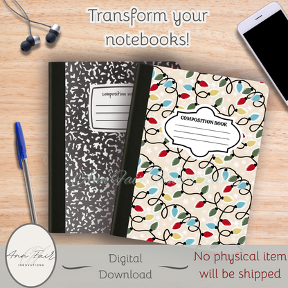 Vintage Christmas Lights Composition Notebook Cover | Digital Download PNG | Back to School, Journaling, DIY Custom Notebook, Sticker Paper Cover
