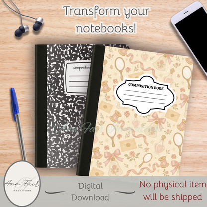 Winter Pink Coquette Composition Notebook Cover | Digital Download PNG | Back to School, Journaling, DIY Custom Notebook, Sticker Paper Cover