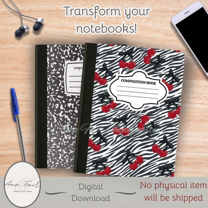 Zebra Print and Cherries Composition Notebook Cover | Digital Download PNG | Back to School, Journaling, DIY Custom Notebook, Sticker Paper Cover