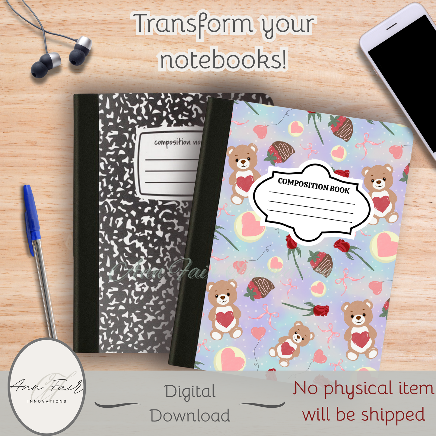 Teddy Bear Valentine Composition Notebook Cover | Digital Download PNG | Back to School, Journaling, DIY Custom Notebook, Sticker Paper Cover