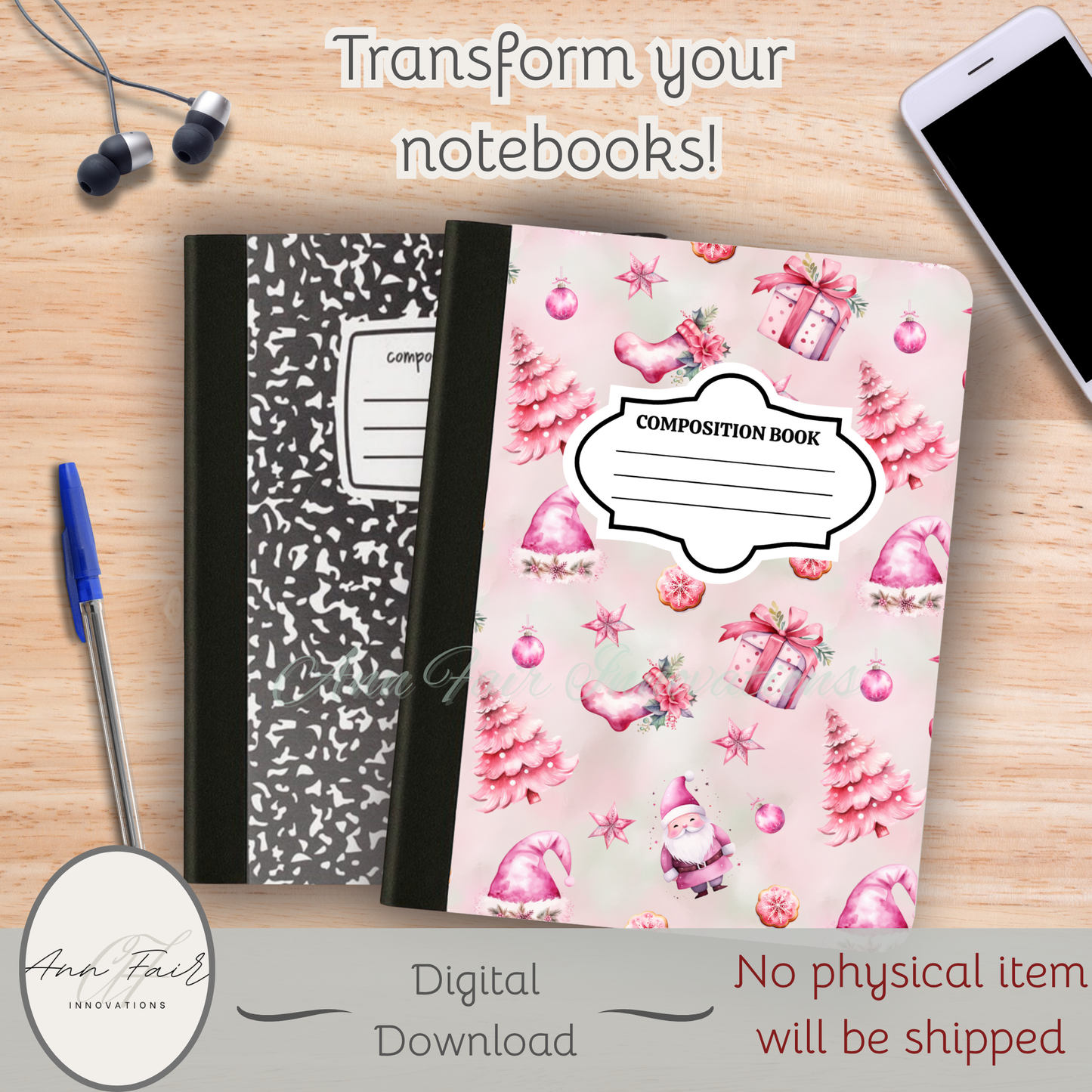 Pink Christmas Composition Notebook Cover | Digital Download PNG | Back to School, Journaling, DIY Custom Notebook, Sticker Paper Cover