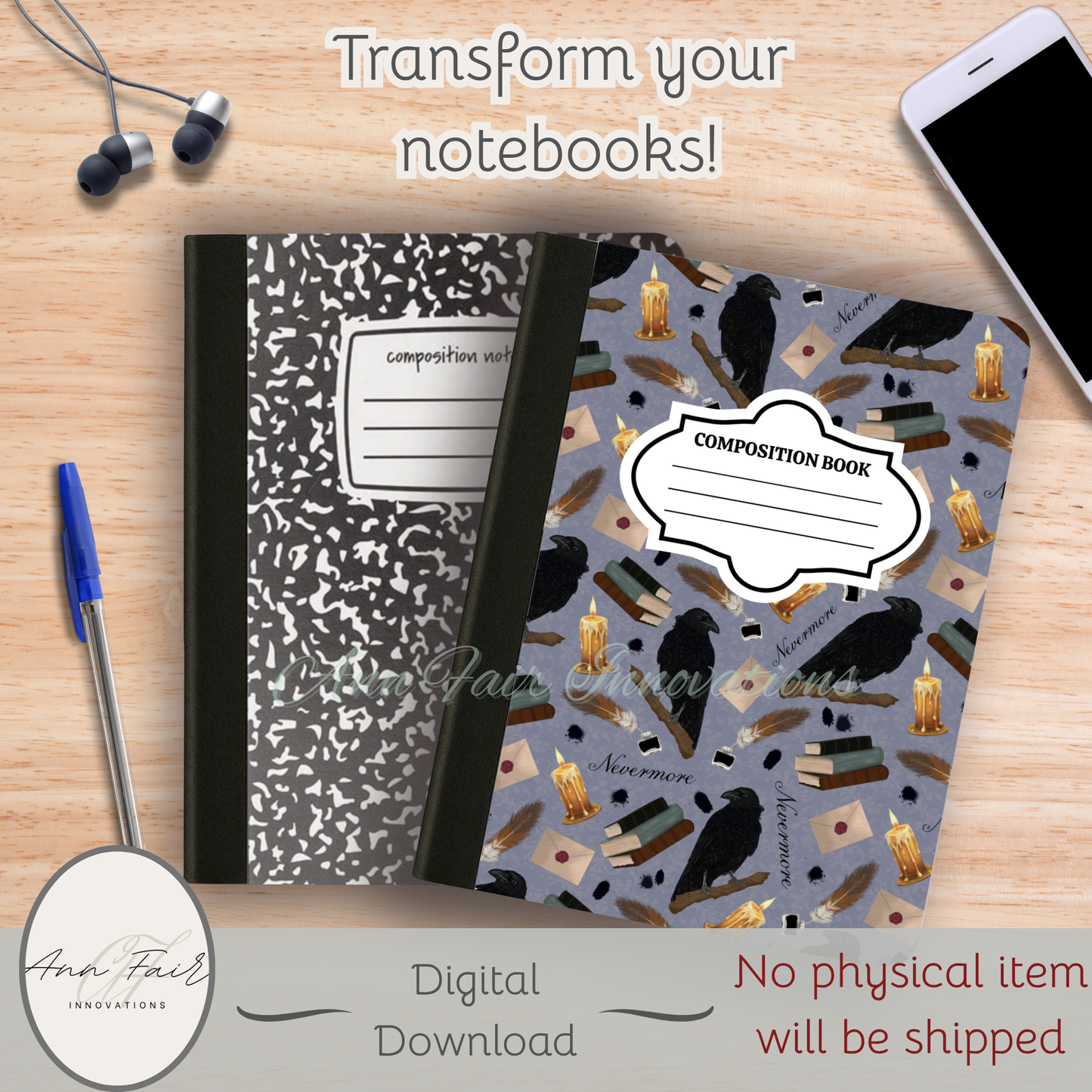 Nevermore in Periwinkle Composition Notebook Cover | Digital Download PNG | Back to School, Journaling, DIY Custom Notebook, Sticker Paper Cover