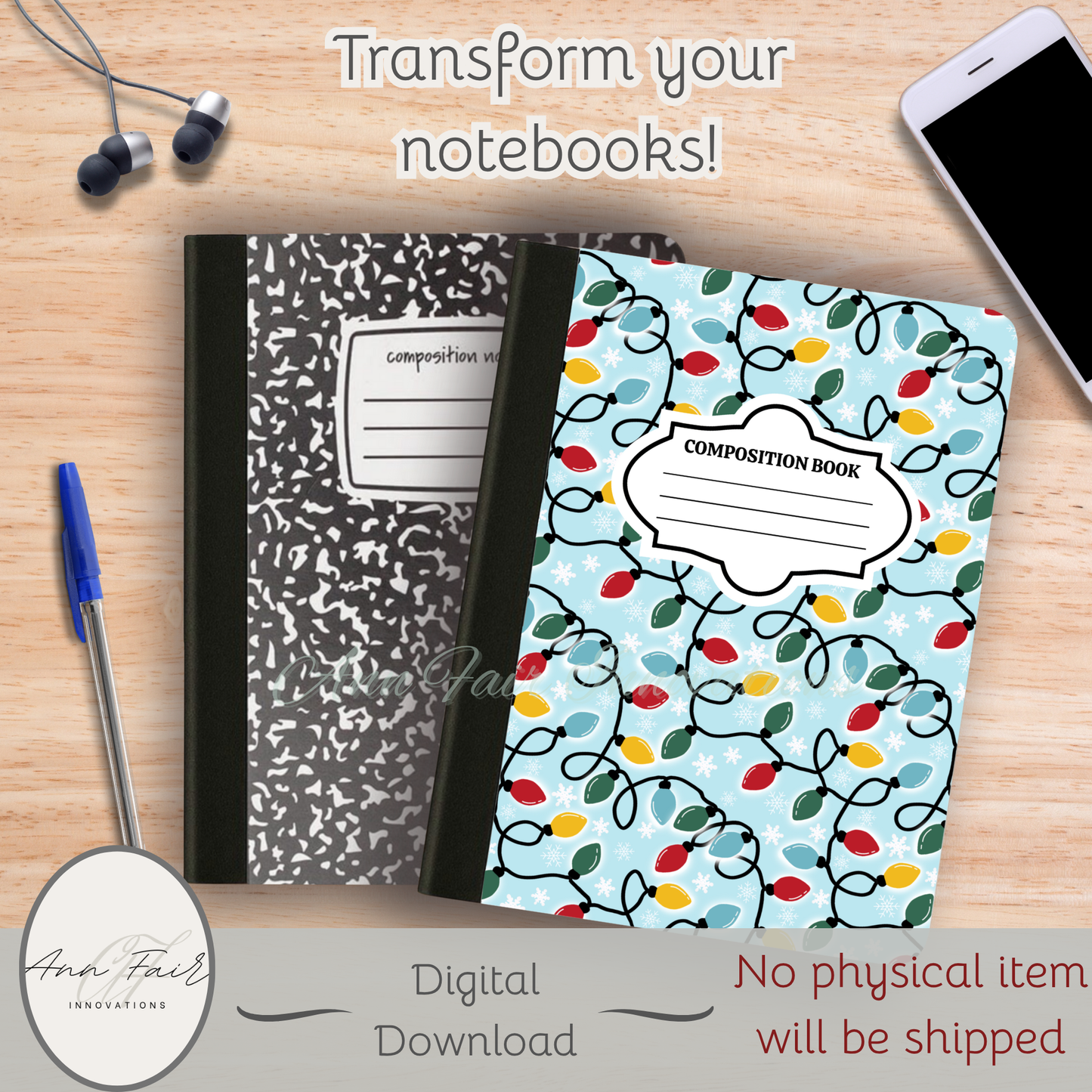 Retro Christmas Lights Composition Notebook Cover | Digital Download PNG | Back to School, Journaling, DIY Custom Notebook, Sticker Paper Cover