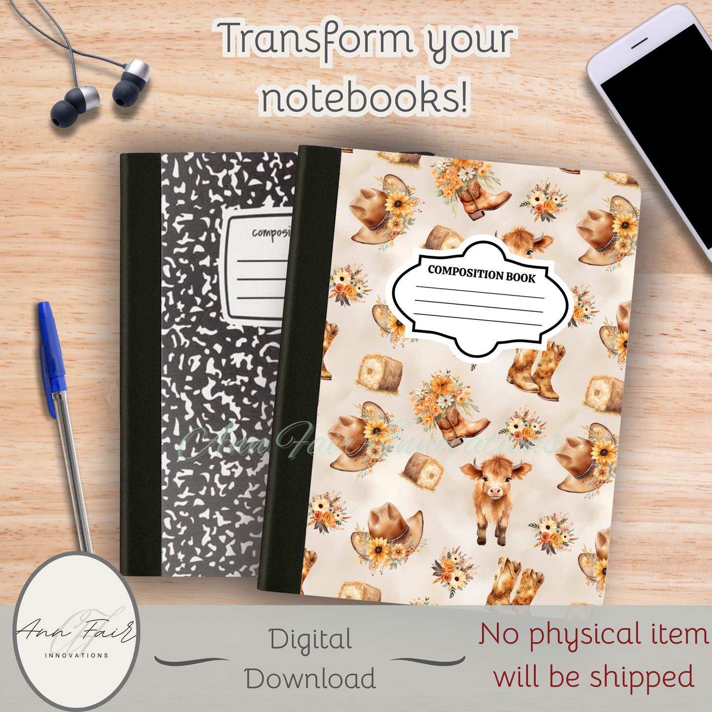 Cute Highland Cow Floral Composition Notebook Cover | Digital Download PNG | Back to School, Journaling, DIY Custom Notebook, Sticker Paper Cover