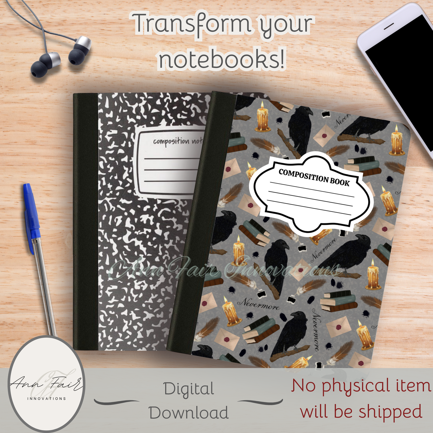 Nevermore in Grey Composition Notebook Cover | Digital Download PNG | Back to School, Journaling, DIY Custom Notebook, Sticker Paper Cover