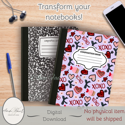 Valentine XOXO Composition Notebook Cover | Digital Download PNG | Back to School, Journaling, DIY Custom Notebook, Sticker Paper Cover