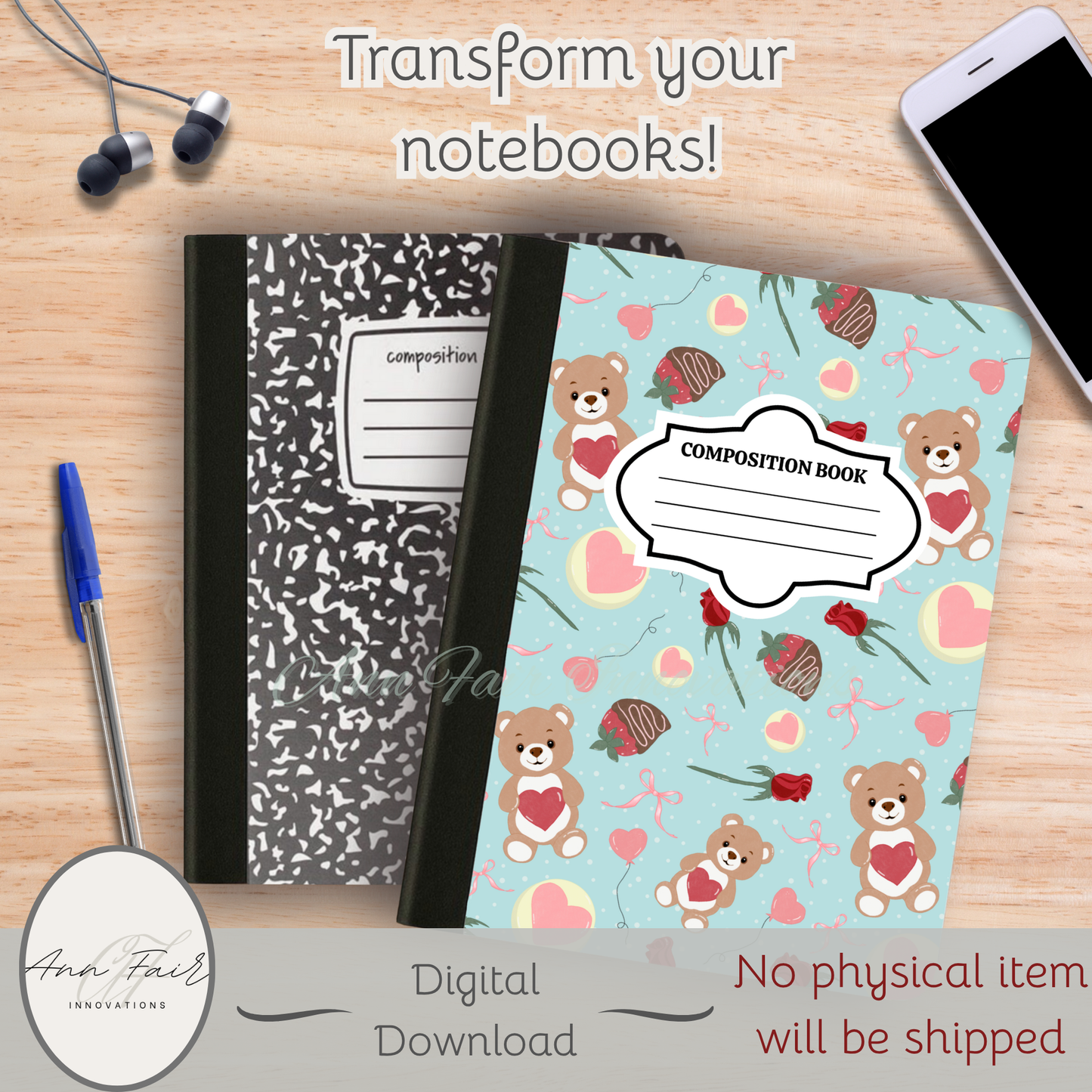 Teddy Bear Valentine Composition Notebook Cover | Digital Download PNG | Back to School, Journaling, DIY Custom Notebook, Sticker Paper Cover