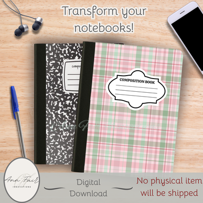 Coquette Plaid Composition Notebook Cover | Digital Download PNG | Back to School, Journaling, DIY Custom Notebook, Sticker Paper Cover