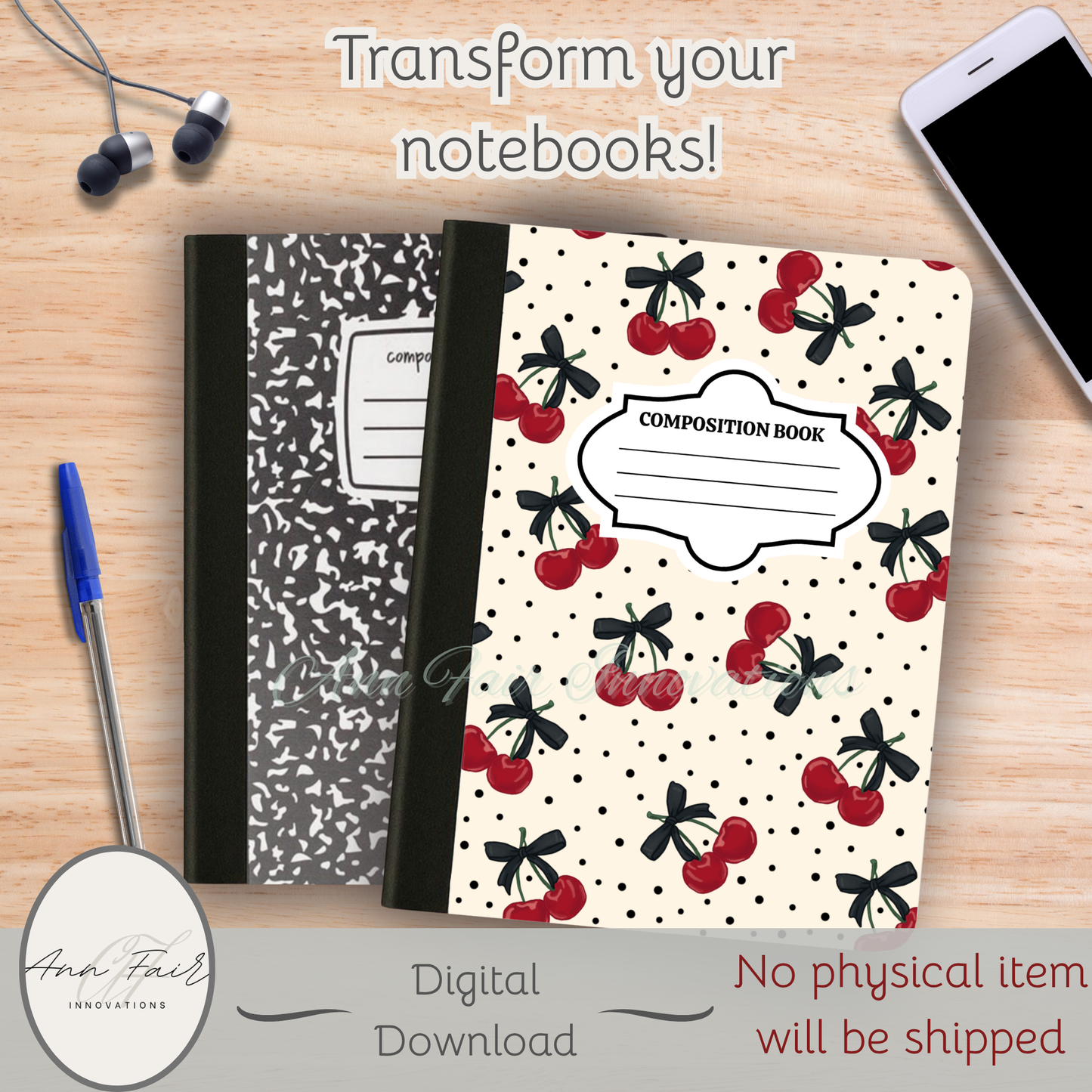 Polka Dots and Cherries Composition Notebook Cover | Digital Download PNG | Back to School, Journaling, DIY Custom Notebook, Sticker Paper Cover