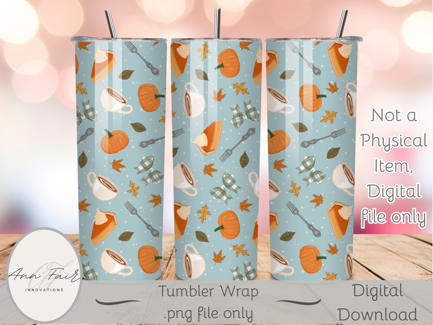 Pumpkin Pie and Coffee Seamless PNG 20oz Skinny Tumbler Wrap | Sublimation 300 DPI Straight Tumbler Wrap | PNG Digital Wrap Digital Download
