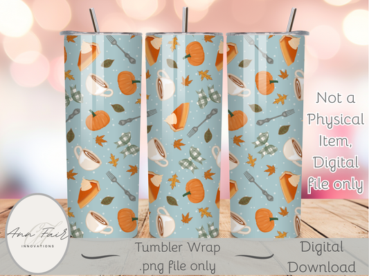 Pumpkin Pie and Coffee Seamless PNG 20oz Skinny Tumbler Wrap | Sublimation 300 DPI Straight Tumbler Wrap | PNG Digital Wrap Digital Download