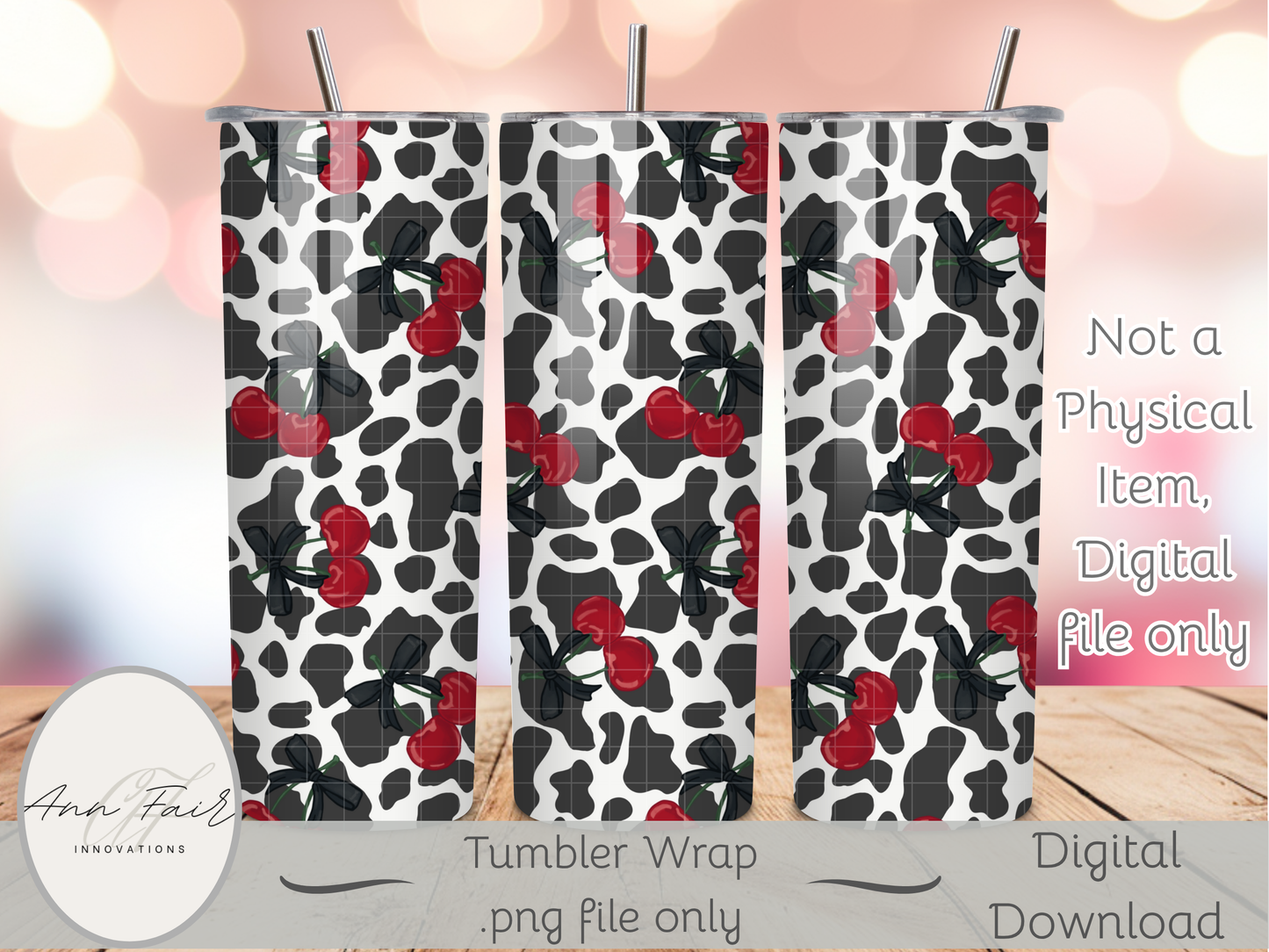 Cow Print and Cherries Seamless PNG 20oz Skinny Tumbler Wrap | Sublimation 300 DPI Straight Tumbler Wrap | PNG Digital Wrap Digital Download